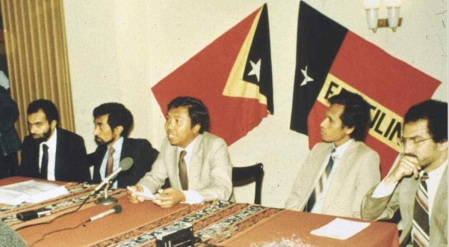 Fretilin external delegation, Lisbon. early 1980s. Abilio Araujo at centre. [Source AMRT]